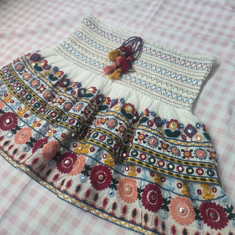 Zara Boho Folk Floral Embroidered Tassel Smocked Tiered Festival Mini Skirt Med